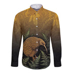 New Zealand Kiwi Bird Long Sleeve Button Shirt Silver Fern Mix Maori Pattern