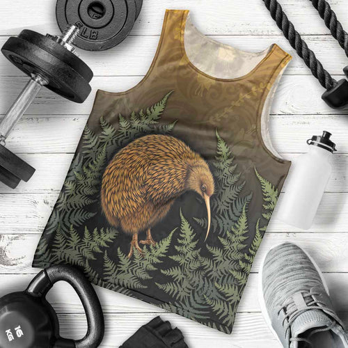 New Zealand Kiwi Bird Men Tank Top Silver Fern Mix Maori Pattern