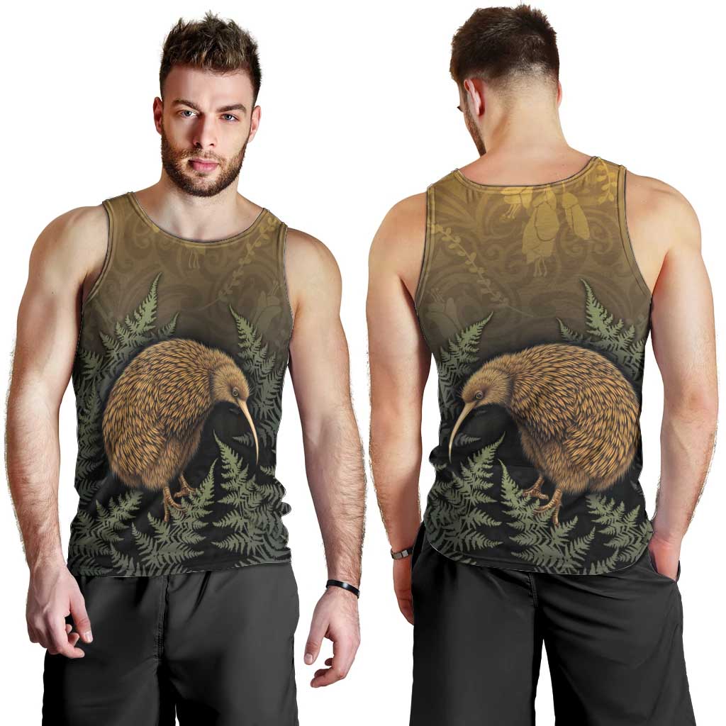 New Zealand Kiwi Bird Men Tank Top Silver Fern Mix Maori Pattern