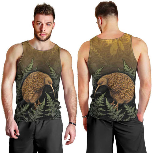 New Zealand Kiwi Bird Men Tank Top Silver Fern Mix Maori Pattern