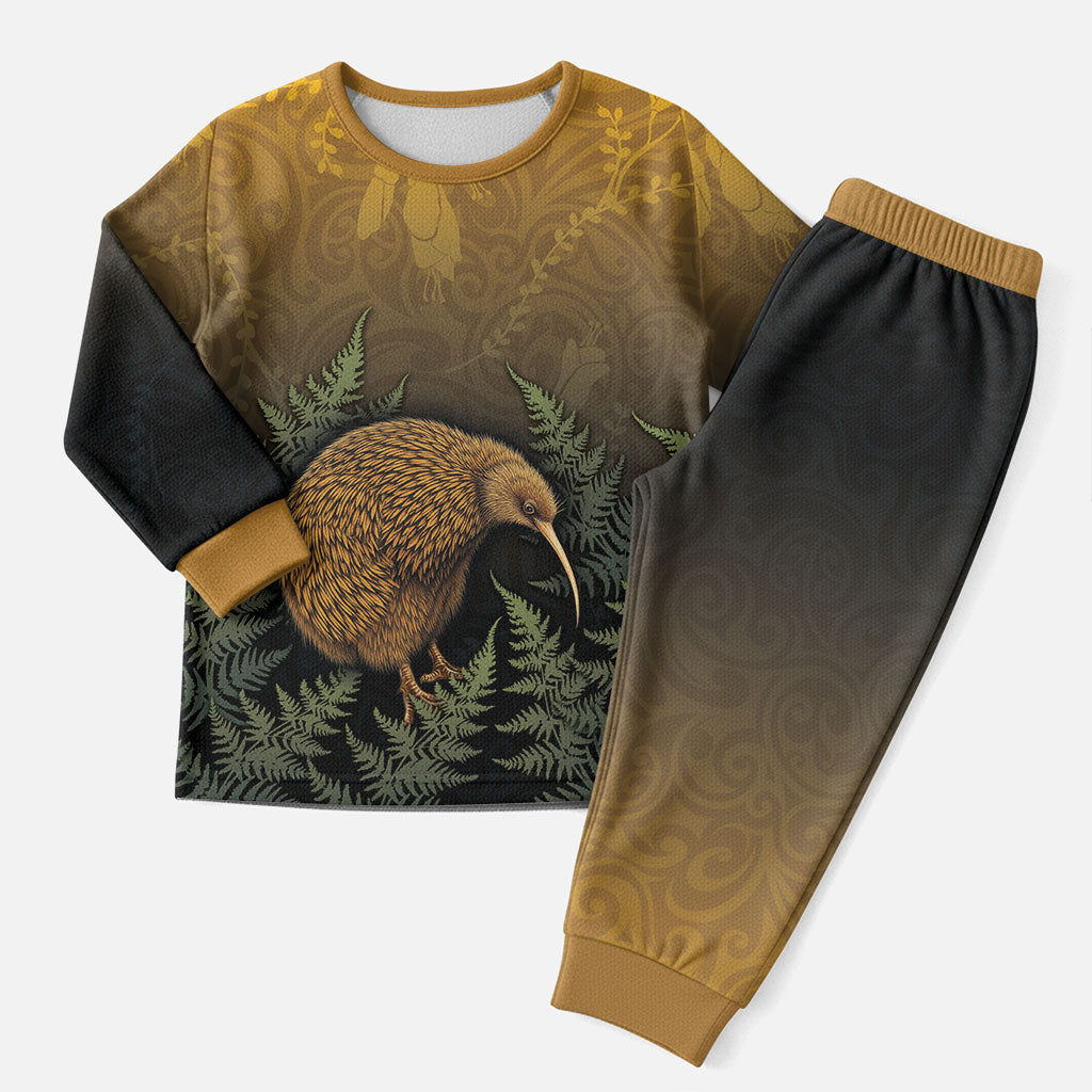 New Zealand Kiwi Bird Christmas Pajama Set Silver Fern Mix Maori Pattern