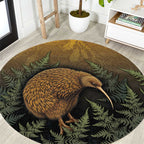 New Zealand Kiwi Bird Round Carpet Silver Fern Mix Maori Pattern