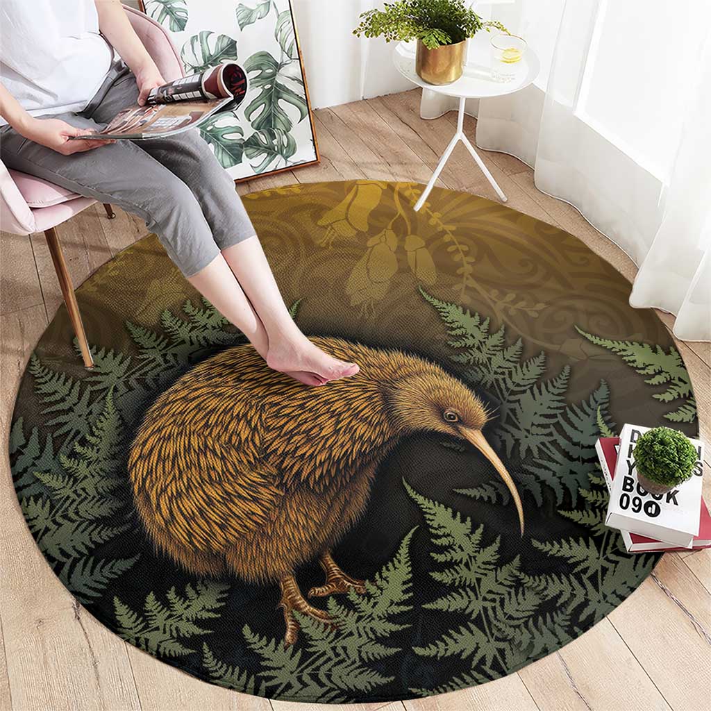 New Zealand Kiwi Bird Round Carpet Silver Fern Mix Maori Pattern