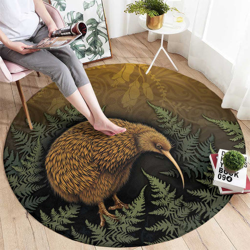 New Zealand Kiwi Bird Round Carpet Silver Fern Mix Maori Pattern