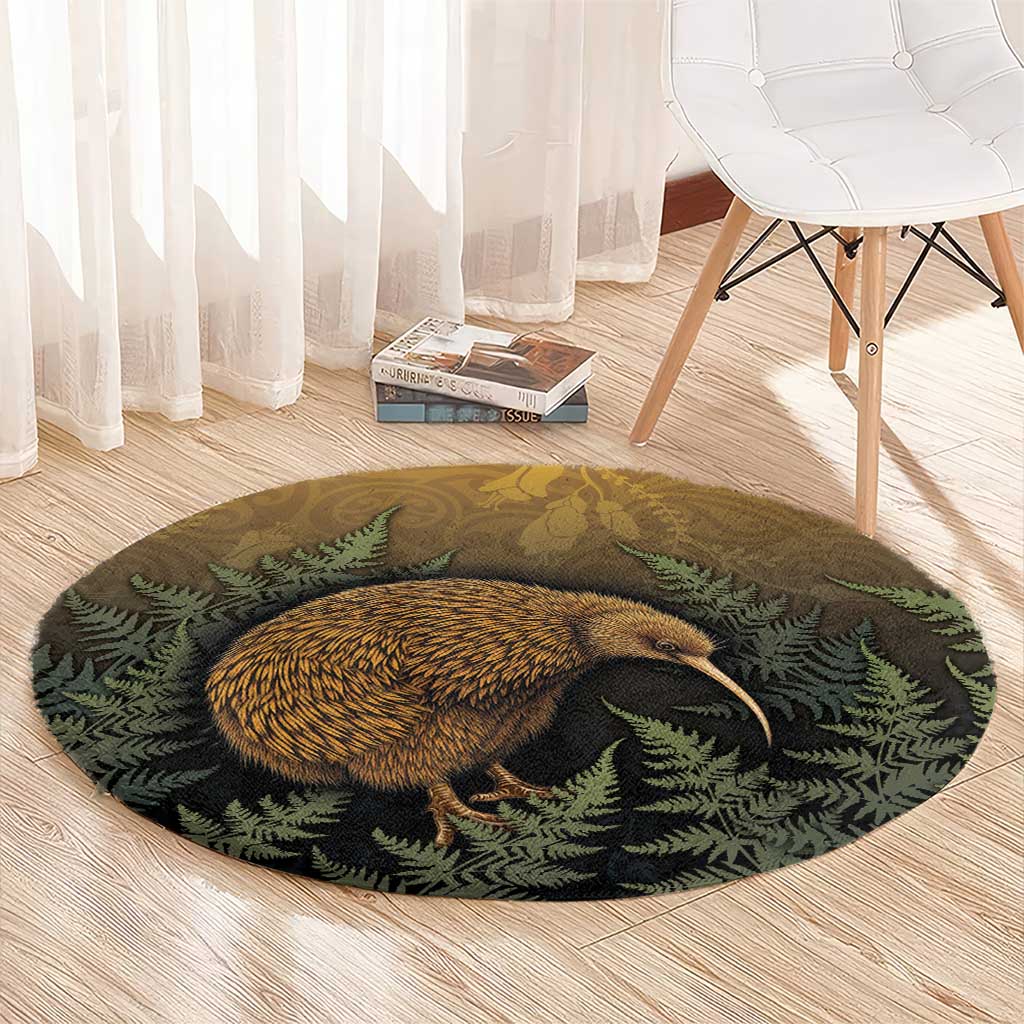 New Zealand Kiwi Bird Round Carpet Silver Fern Mix Maori Pattern
