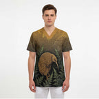 New Zealand Kiwi Bird Scrub Top Silver Fern Mix Maori Pattern
