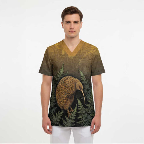 New Zealand Kiwi Bird Scrub Top Silver Fern Mix Maori Pattern