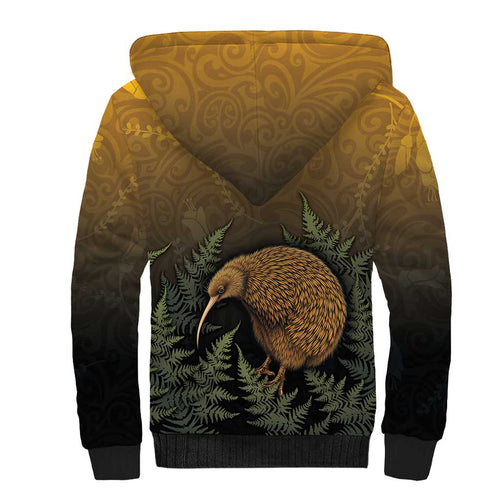 New Zealand Kiwi Bird Sherpa Hoodie Silver Fern Mix Maori Pattern