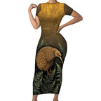 New Zealand Kiwi Bird Short Sleeve Bodycon Dress Silver Fern Mix Maori Pattern