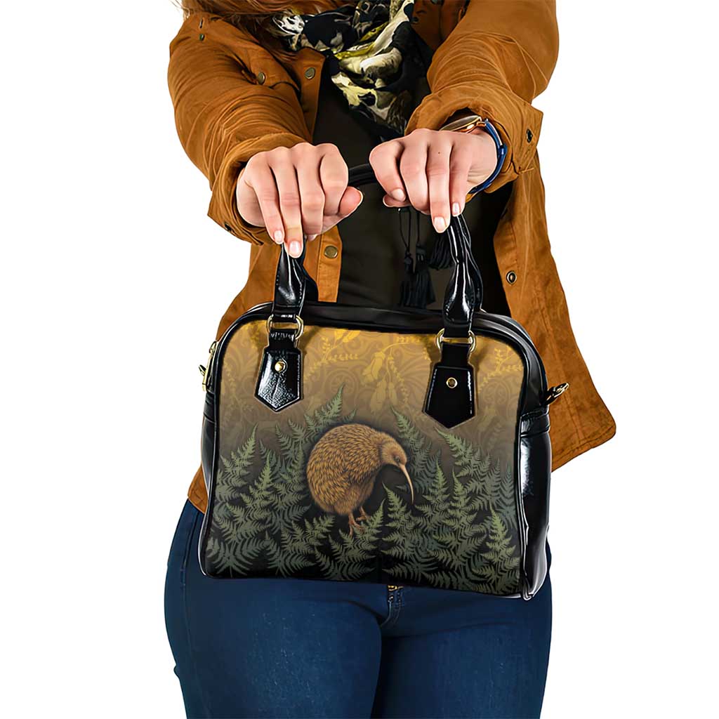New Zealand Kiwi Bird Shoulder Handbag Silver Fern Mix Maori Pattern