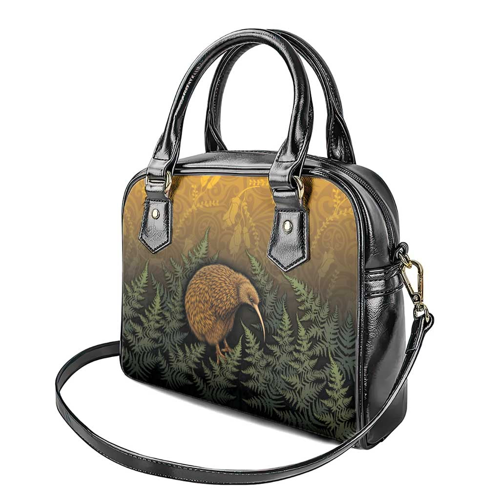 New Zealand Kiwi Bird Shoulder Handbag Silver Fern Mix Maori Pattern