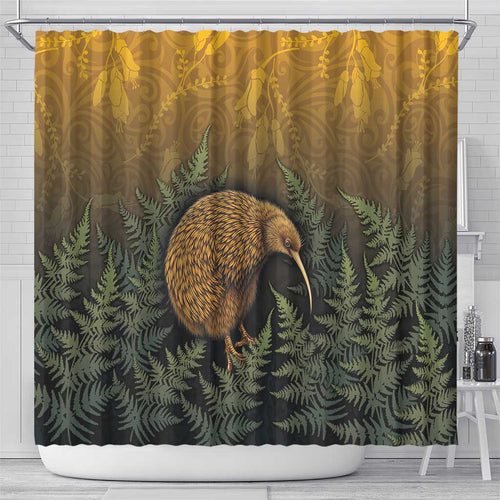 New Zealand Kiwi Bird Shower Curtain Silver Fern Mix Maori Pattern