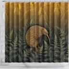 New Zealand Kiwi Bird Shower Curtain Silver Fern Mix Maori Pattern