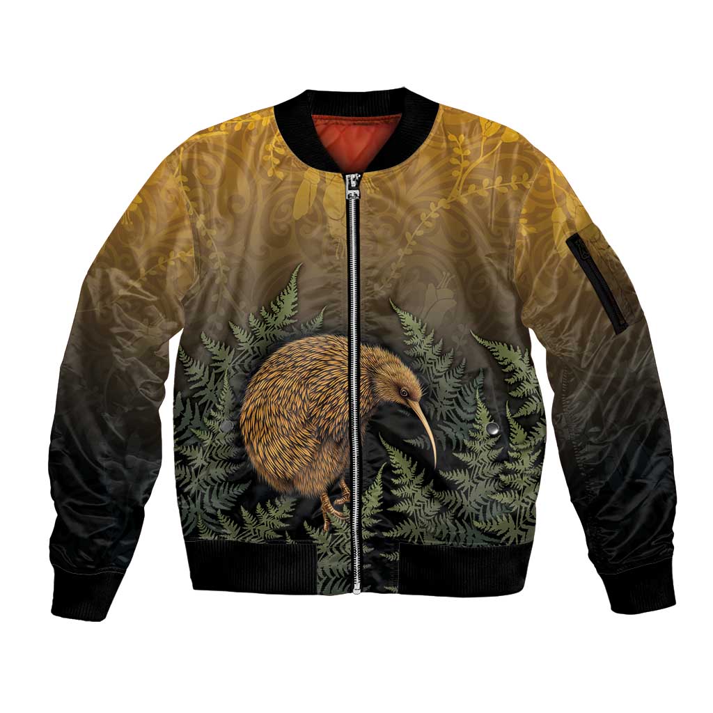 New Zealand Kiwi Bird Sleeve Zip Bomber Jacket Silver Fern Mix Maori Pattern