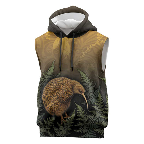 New Zealand Kiwi Bird Sleeveless Hoodie Silver Fern Mix Maori Pattern
