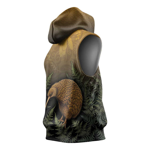 New Zealand Kiwi Bird Sleeveless Hoodie Silver Fern Mix Maori Pattern