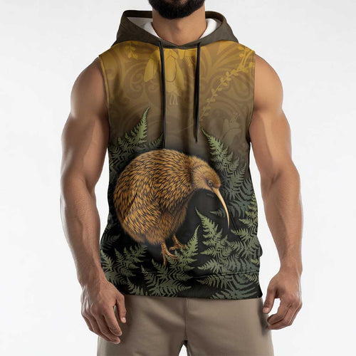 New Zealand Kiwi Bird Sleeveless Hoodie Silver Fern Mix Maori Pattern