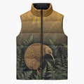 New Zealand Kiwi Bird Sleeveless Puffer Jacket Silver Fern Mix Maori Pattern