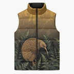 New Zealand Kiwi Bird Sleeveless Puffer Jacket Silver Fern Mix Maori Pattern