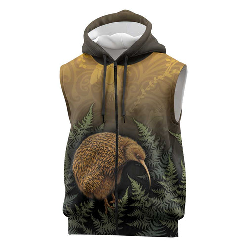 New Zealand Kiwi Bird Sleeveless Zip Hoodie Silver Fern Mix Maori Pattern
