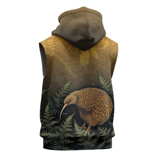 New Zealand Kiwi Bird Sleeveless Zip Hoodie Silver Fern Mix Maori Pattern