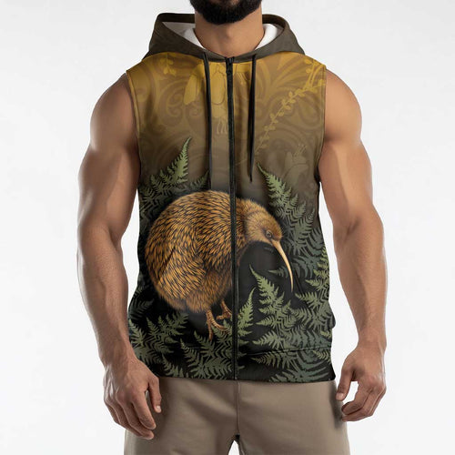 New Zealand Kiwi Bird Sleeveless Zip Hoodie Silver Fern Mix Maori Pattern