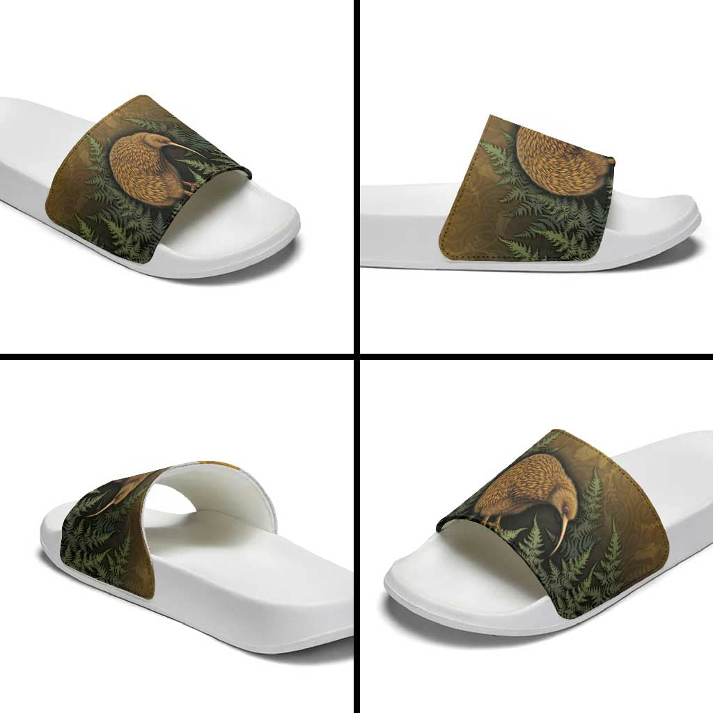New Zealand Kiwi Bird Slide Sandals Silver Fern Mix Maori Pattern