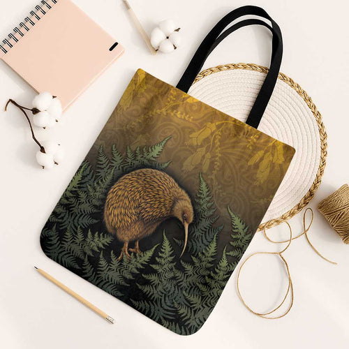 New Zealand Kiwi Bird Tote Bag Silver Fern Mix Maori Pattern