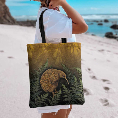 New Zealand Kiwi Bird Tote Bag Silver Fern Mix Maori Pattern