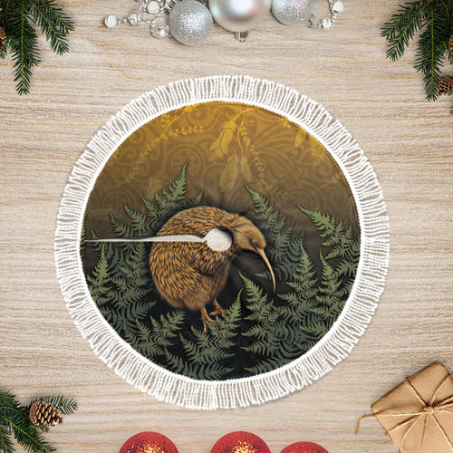 New Zealand Kiwi Bird Tree Skirt Silver Fern Mix Maori Pattern