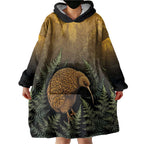 New Zealand Kiwi Bird Wearable Blanket Hoodie Silver Fern Mix Maori Pattern