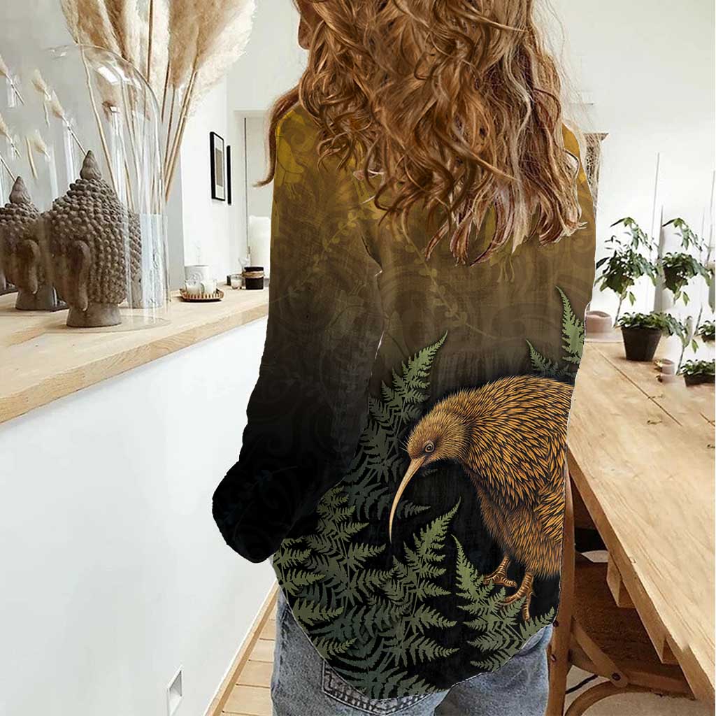 New Zealand Kiwi Bird Women Casual Shirt Silver Fern Mix Maori Pattern