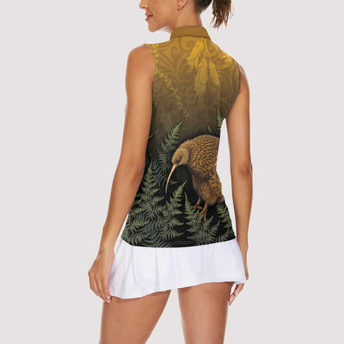 New Zealand Kiwi Bird Women Sleeveless Polo Shirt Silver Fern Mix Maori Pattern
