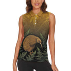 New Zealand Kiwi Bird Women Sleeveless Polo Shirt Silver Fern Mix Maori Pattern