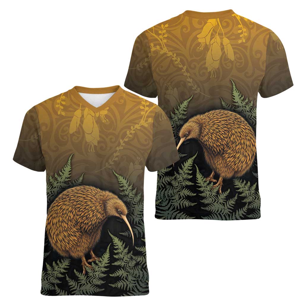 New Zealand Kiwi Bird Women V-Neck T-Shirt Silver Fern Mix Maori Pattern
