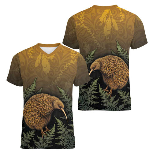 New Zealand Kiwi Bird Women V-Neck T-Shirt Silver Fern Mix Maori Pattern
