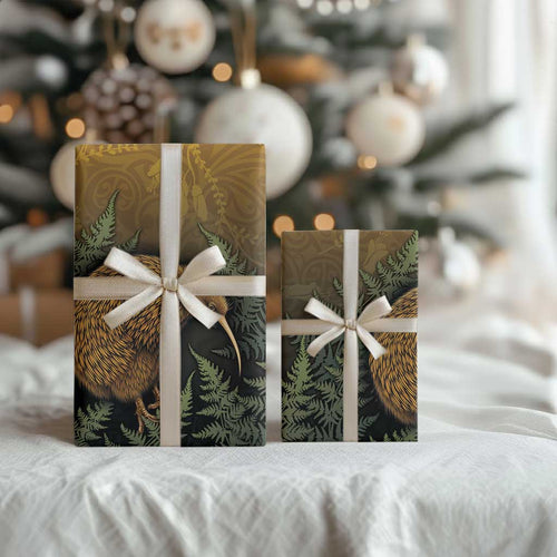 New Zealand Kiwi Bird Wrapping Paper Silver Fern Mix Maori Pattern