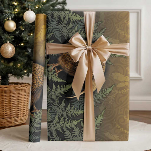 New Zealand Kiwi Bird Wrapping Paper Silver Fern Mix Maori Pattern