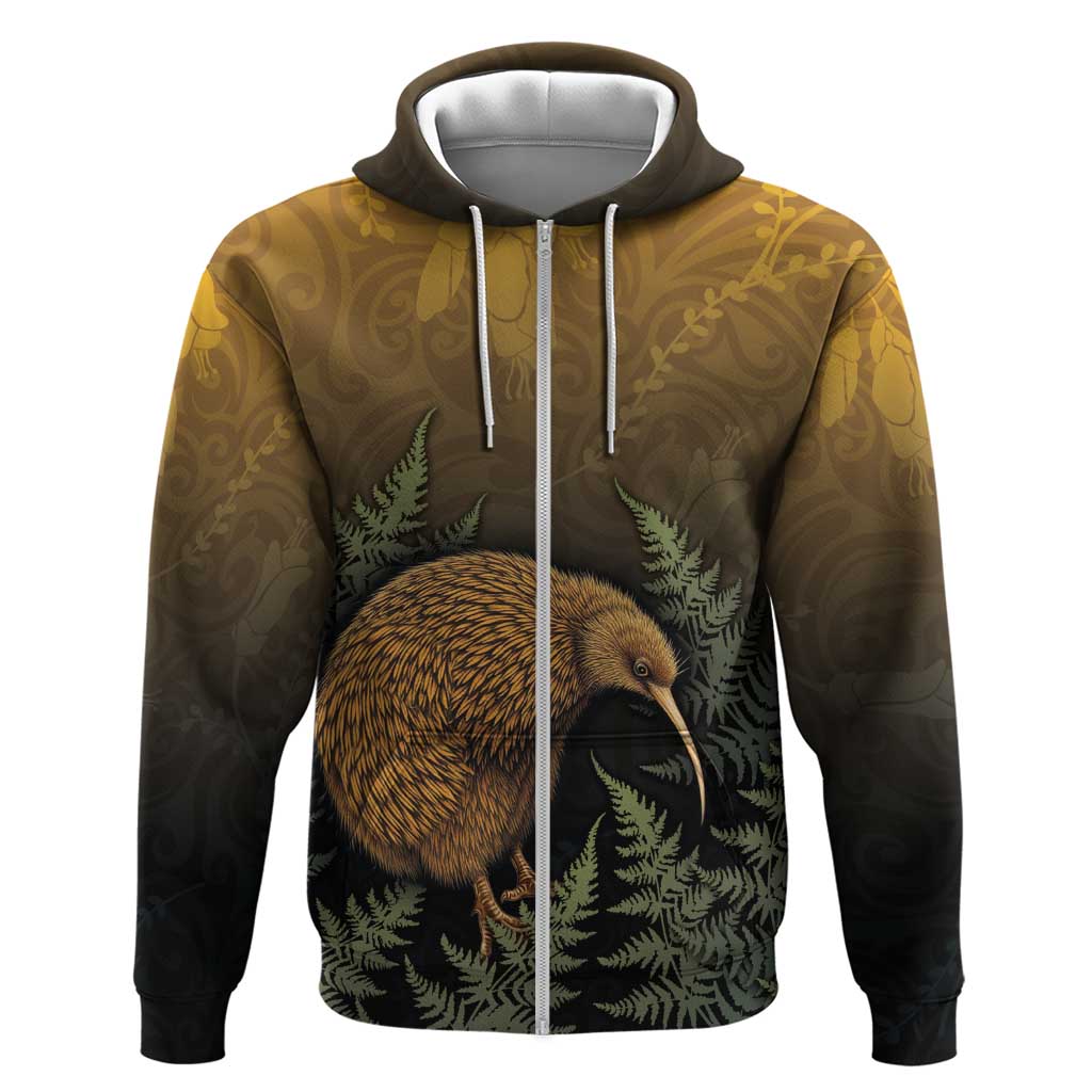 New Zealand Kiwi Bird Zip Hoodie Silver Fern Mix Maori Pattern