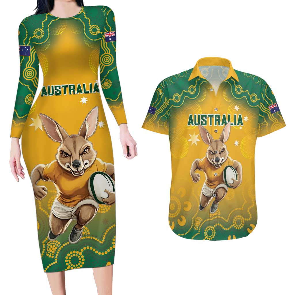 Custom Australia Rugby 2024 Couples Matching Long Sleeve Bodycon Dress and Hawaiian Shirt Go Wallabies Aboriginal Pattern