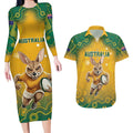Custom Australia Rugby 2024 Couples Matching Long Sleeve Bodycon Dress and Hawaiian Shirt Go Wallabies Aboriginal Pattern