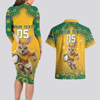 Custom Australia Rugby 2024 Couples Matching Long Sleeve Bodycon Dress and Hawaiian Shirt Go Wallabies Aboriginal Pattern