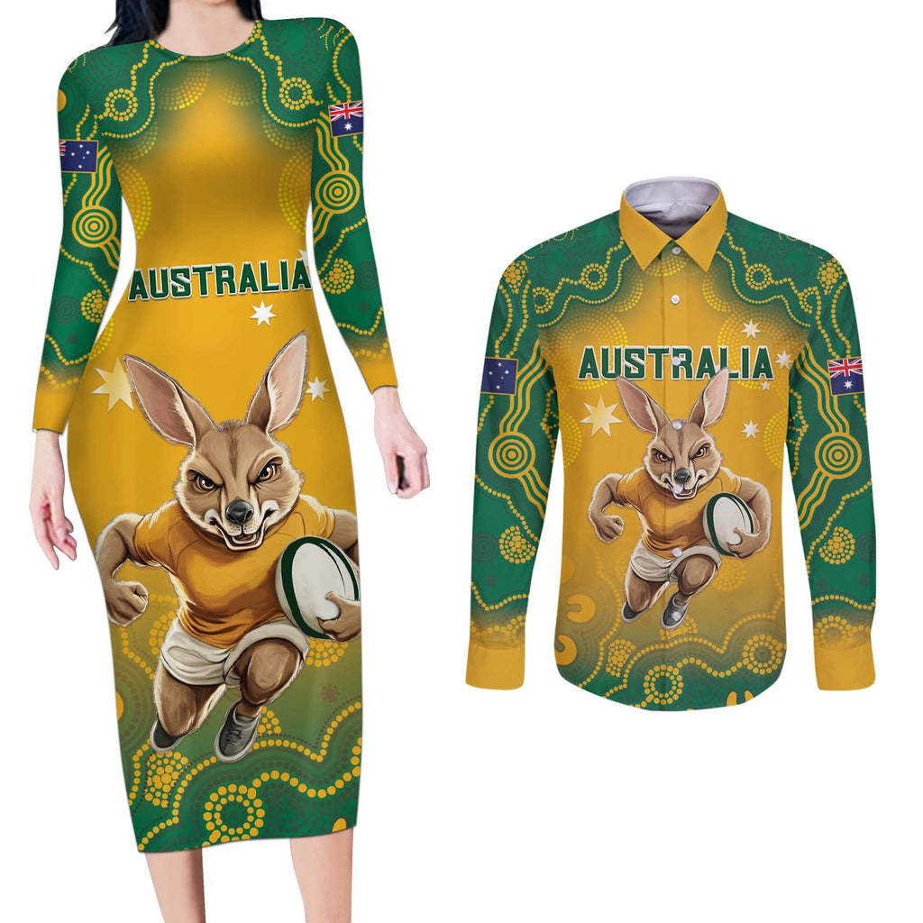 Custom Australia Rugby 2024 Couples Matching Long Sleeve Bodycon Dress and Long Sleeve Button Shirt Go Wallabies Aboriginal Pattern
