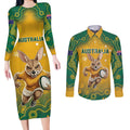 Custom Australia Rugby 2024 Couples Matching Long Sleeve Bodycon Dress and Long Sleeve Button Shirt Go Wallabies Aboriginal Pattern