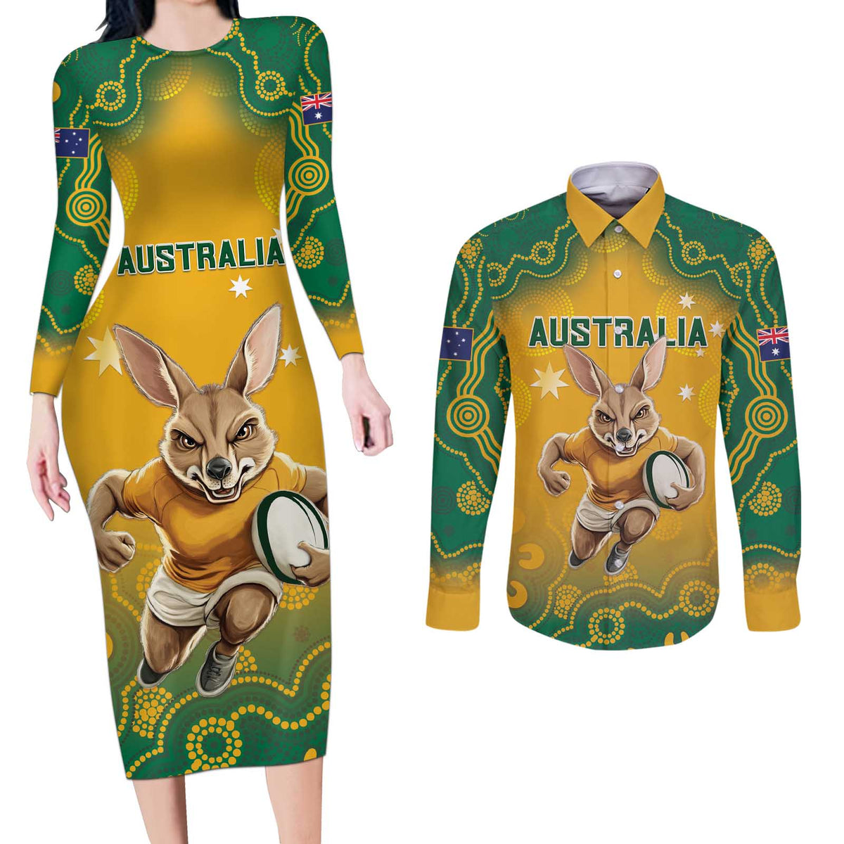 Custom Australia Rugby 2024 Couples Matching Long Sleeve Bodycon Dress and Long Sleeve Button Shirt Go Wallabies Aboriginal Pattern