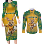 Custom Australia Rugby 2024 Couples Matching Long Sleeve Bodycon Dress and Long Sleeve Button Shirt Go Wallabies Aboriginal Pattern