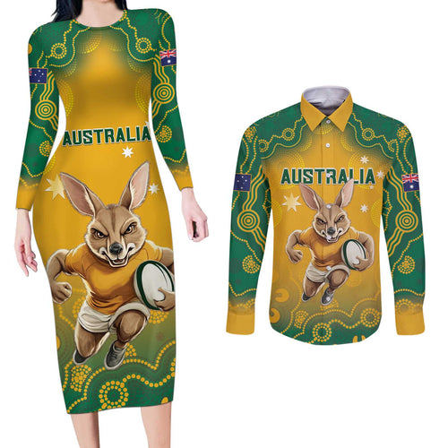 Custom Australia Rugby 2024 Couples Matching Long Sleeve Bodycon Dress and Long Sleeve Button Shirt Go Wallabies Aboriginal Pattern