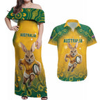 Custom Australia Rugby 2024 Couples Matching Off Shoulder Maxi Dress and Hawaiian Shirt Go Wallabies Aboriginal Pattern