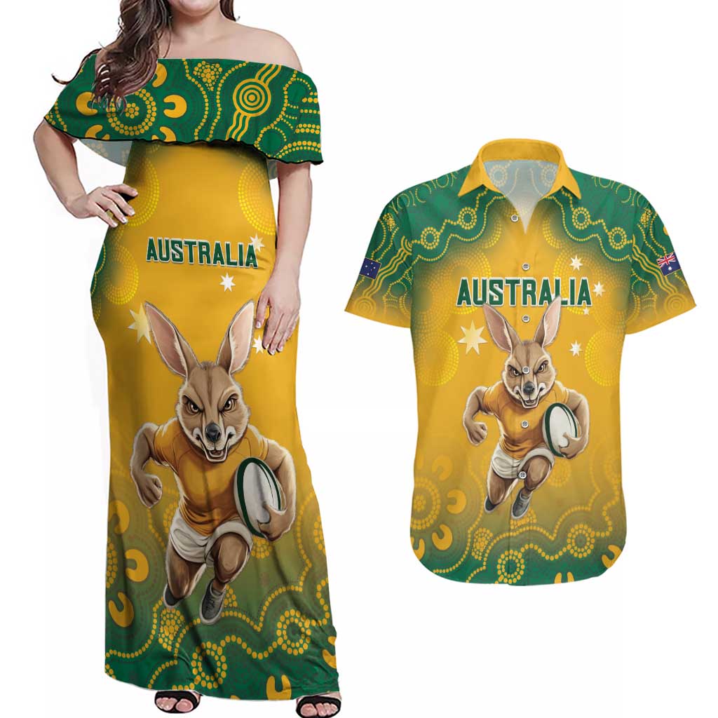 Custom Australia Rugby 2024 Couples Matching Off Shoulder Maxi Dress and Hawaiian Shirt Go Wallabies Aboriginal Pattern