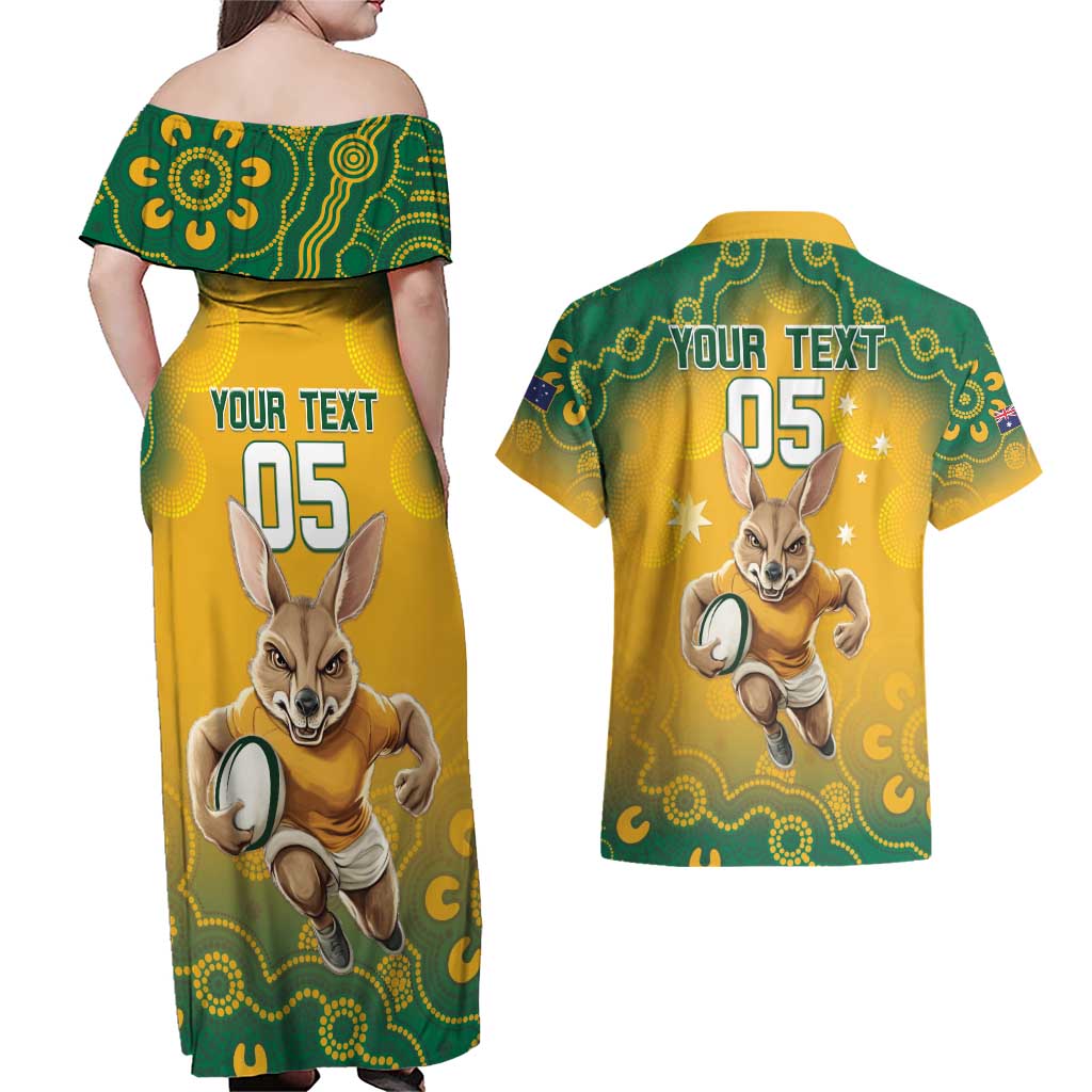 Custom Australia Rugby 2024 Couples Matching Off Shoulder Maxi Dress and Hawaiian Shirt Go Wallabies Aboriginal Pattern